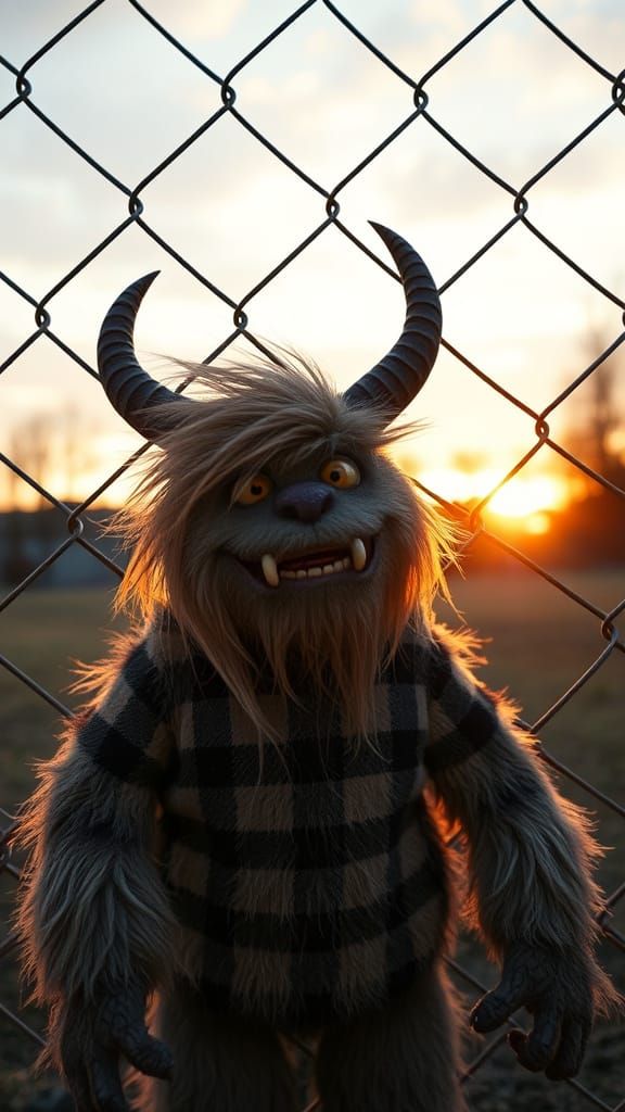 Supercute Fuzzy Monster Behind Chain Link Fence