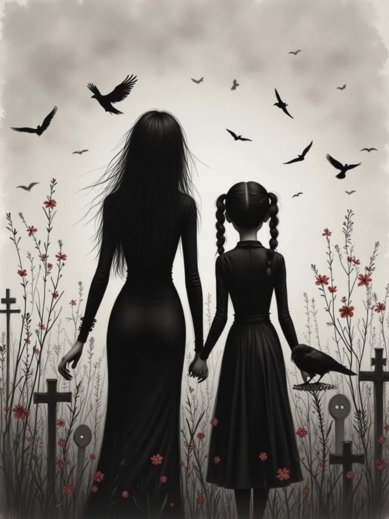 Melancholy Gothic Sketch of Wednesday and Morticia Addams