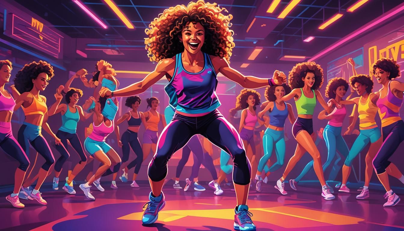 Retro 80s Aerobics Girl in Neon Gym