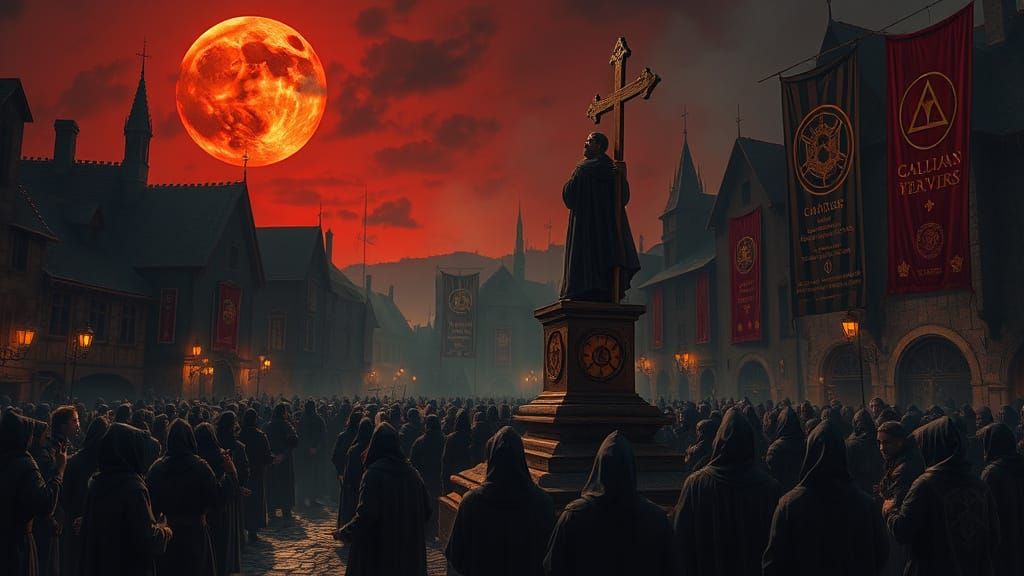 Doomsday Town Square Under Blood-Red Moonlit Sky