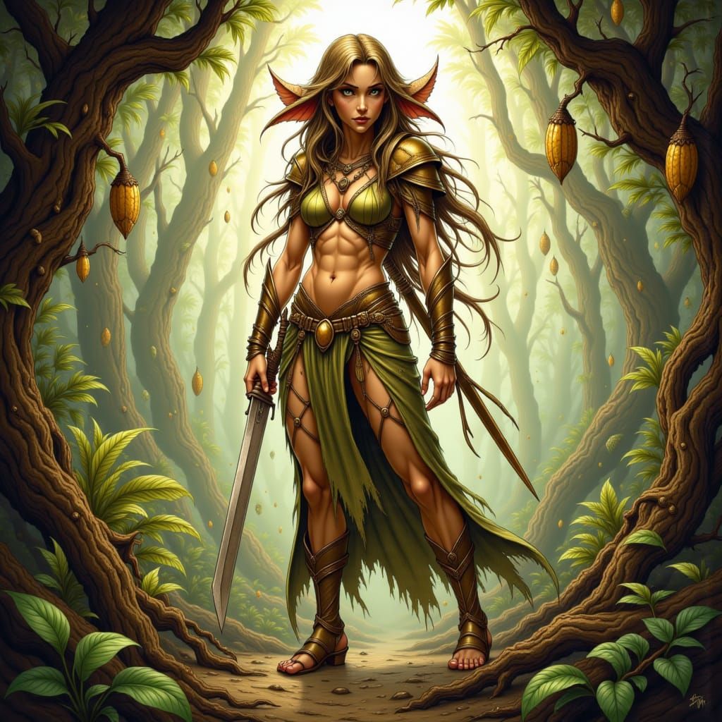 Elf Warrior in Forest: Intricate Digital Art