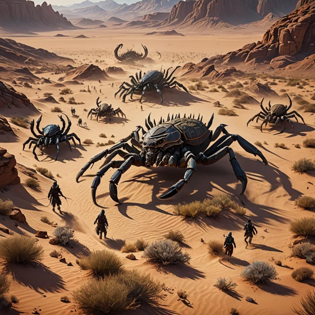 Giant Desert Scorpion Chasing Hippies: Fantasy Art