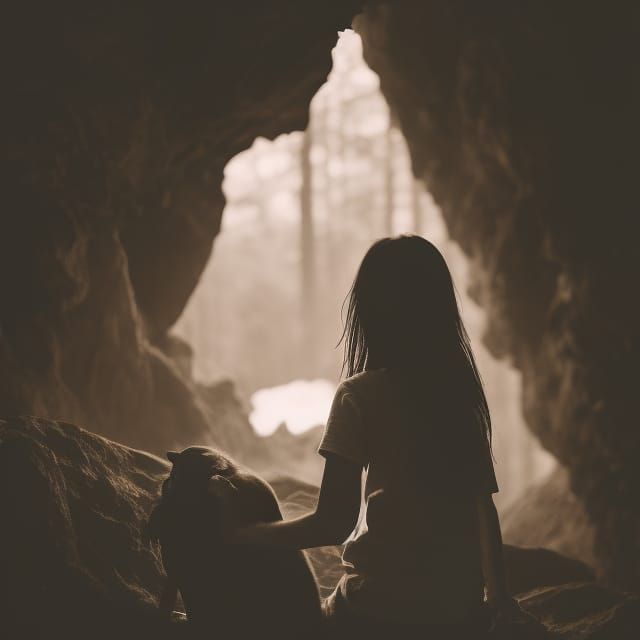 Girl and Dog in Cave Campfire, Dark Fantasy Art