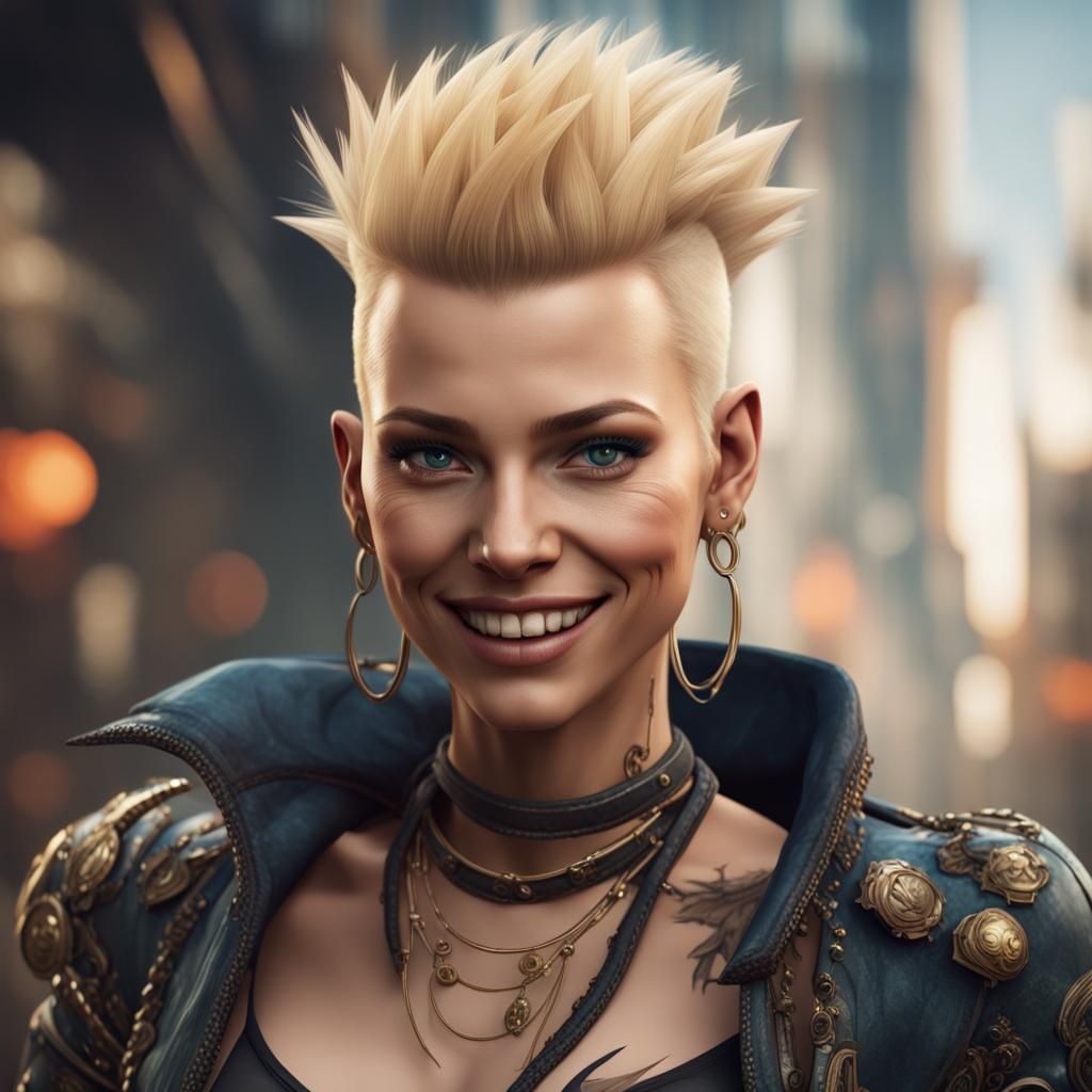 Woman with Blonde Mohawk Smiling, Fantasy Concept Art