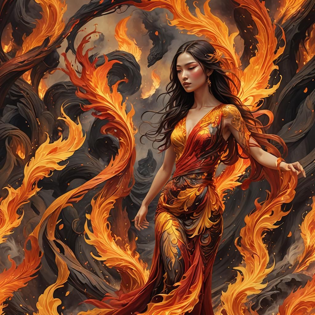 Phoenix Dress: A Fiery Portrait in Hyper-Real Color