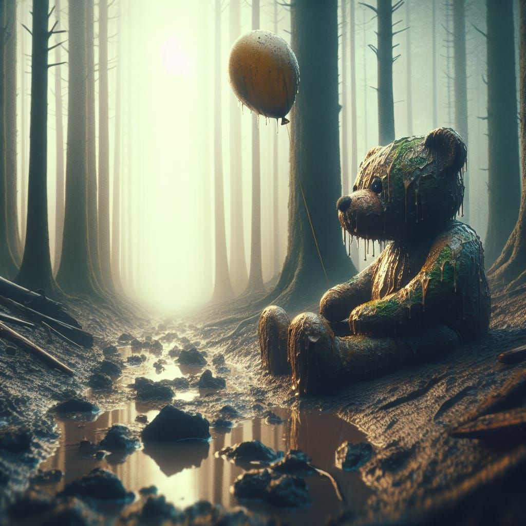 Worn Teddy Bear in Barren Forest After Rain