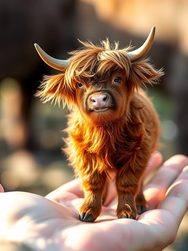 Miniature Highland Calf in Palm: Detailed Macro Photo