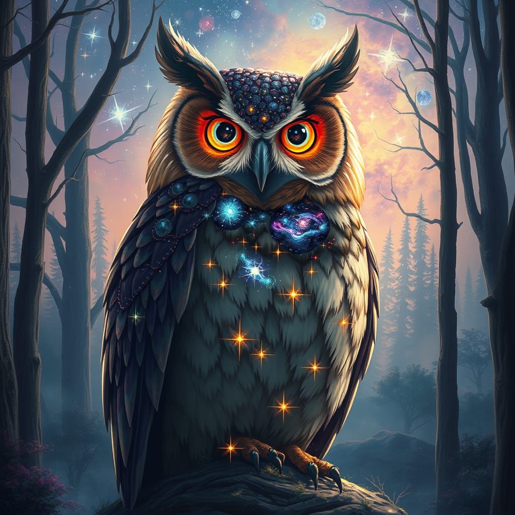 Glowing Owl Surrounded by Celestial Wonders
