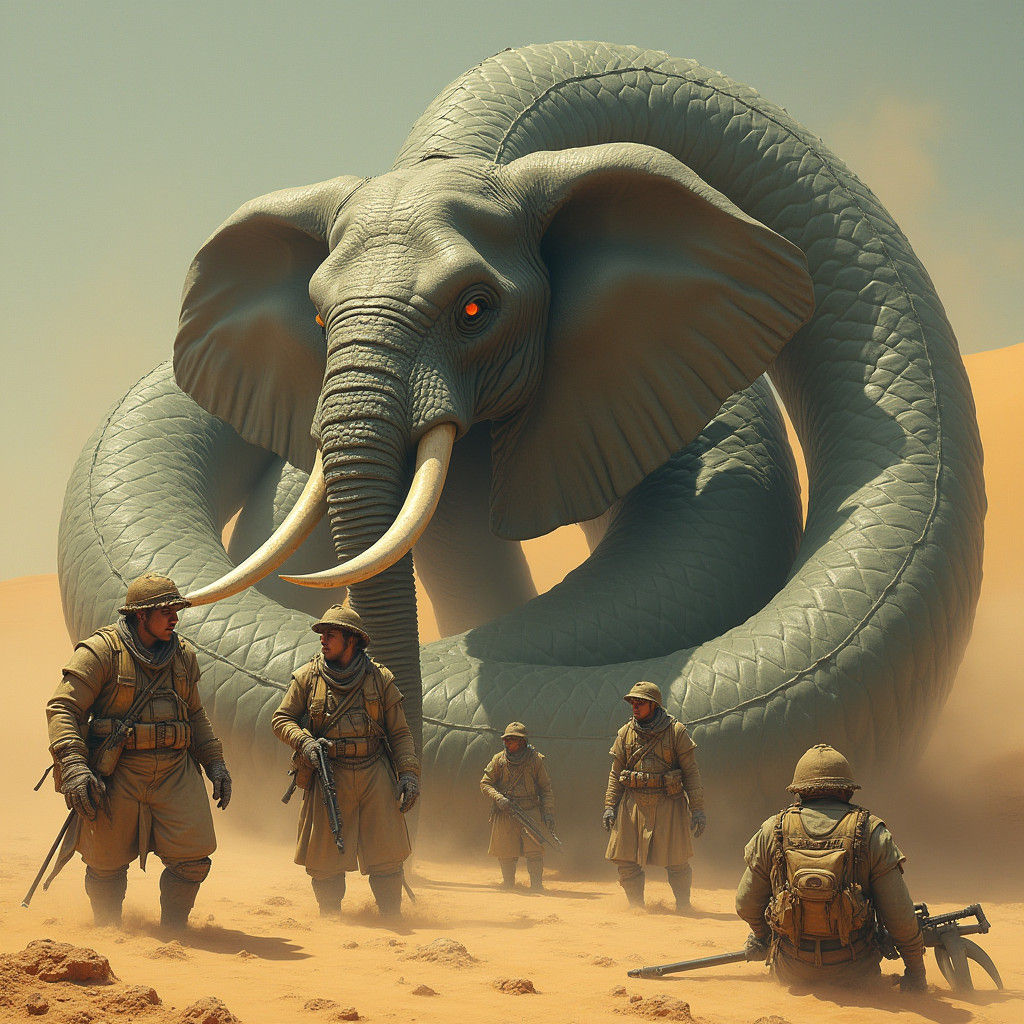 Elephant-Headed Serpent Consumes Hunters in Desert
