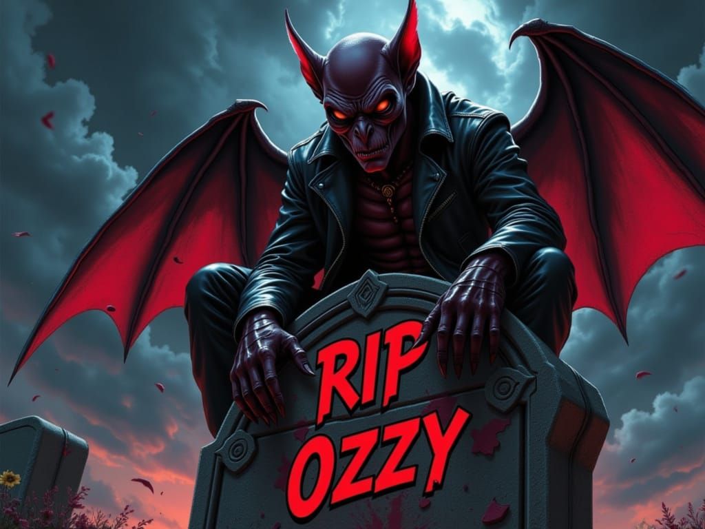 Bat on Ozzy's Tombstone in Comic Book Style