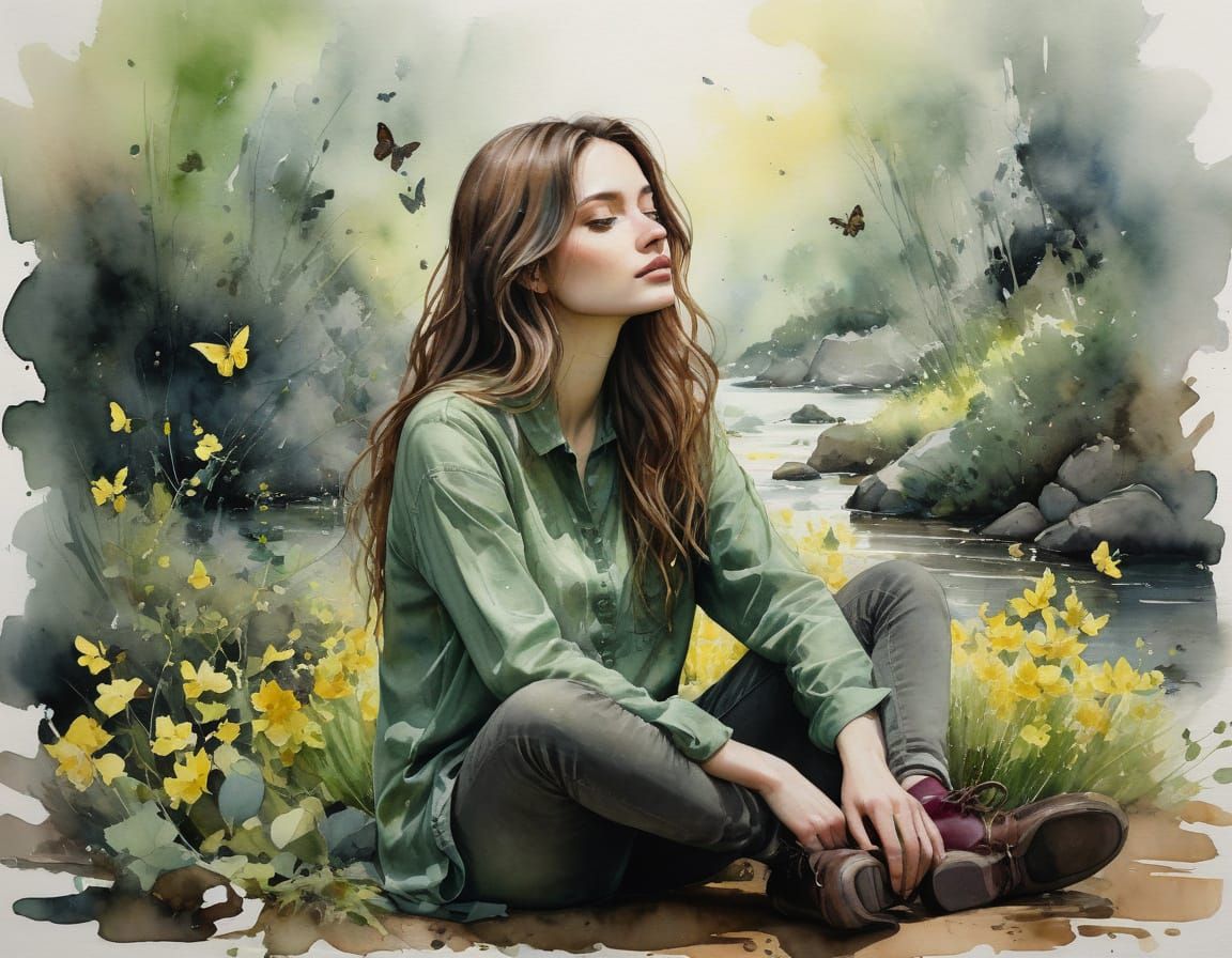 Ethereal Watercolor Portrait of a Young Woman