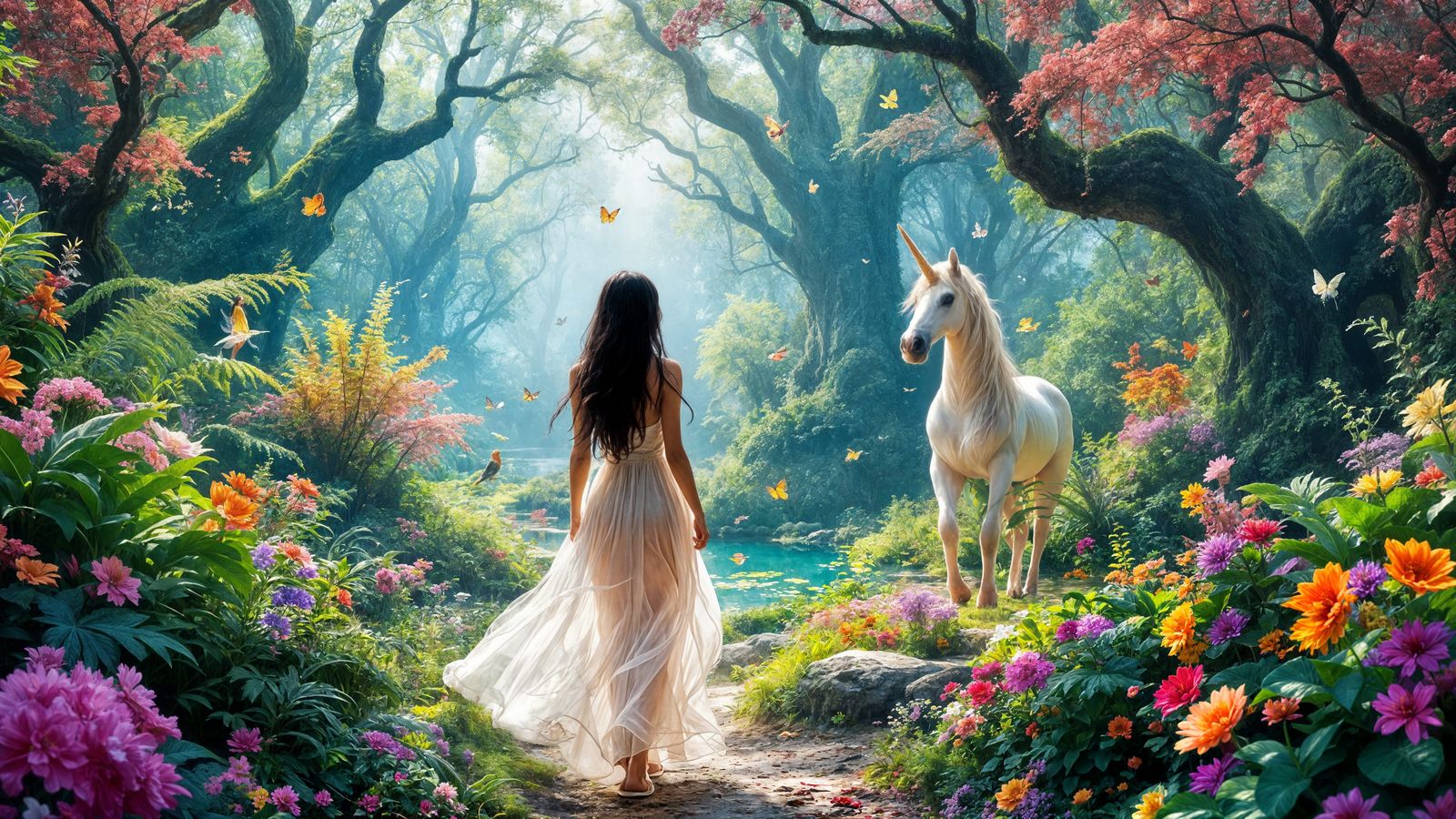 Woman in Paradise Garden with Unicorn