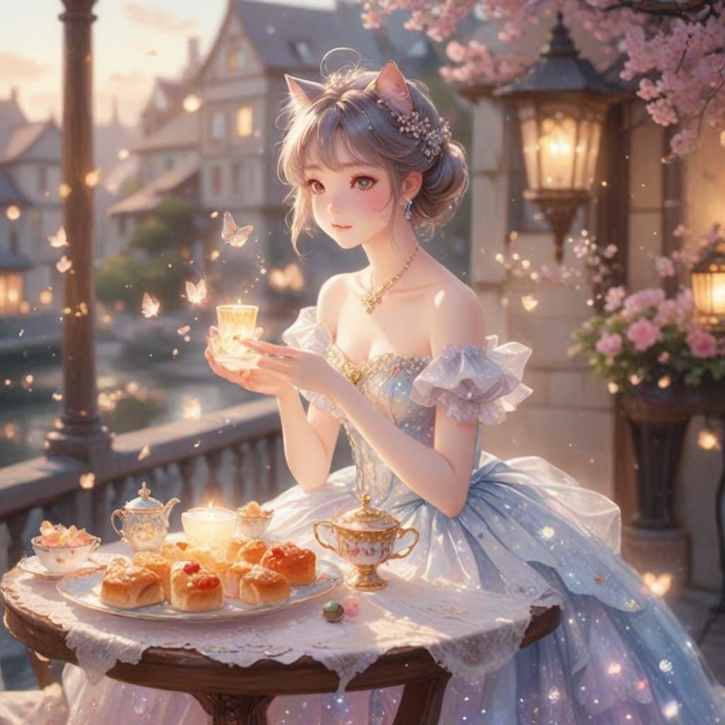 Cat in Ball Gown Sipping Tea, Anime Style