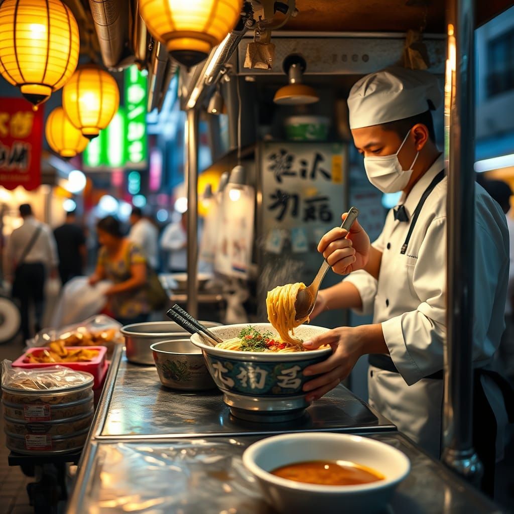 Cozy Ramen Cart in Golden Hour Light