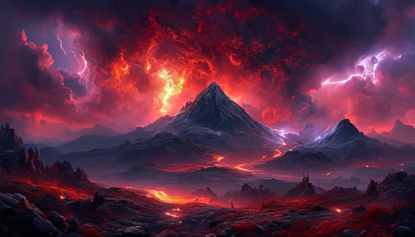 Dramatic Extraterrestrial Landscape with Volcano and Storm