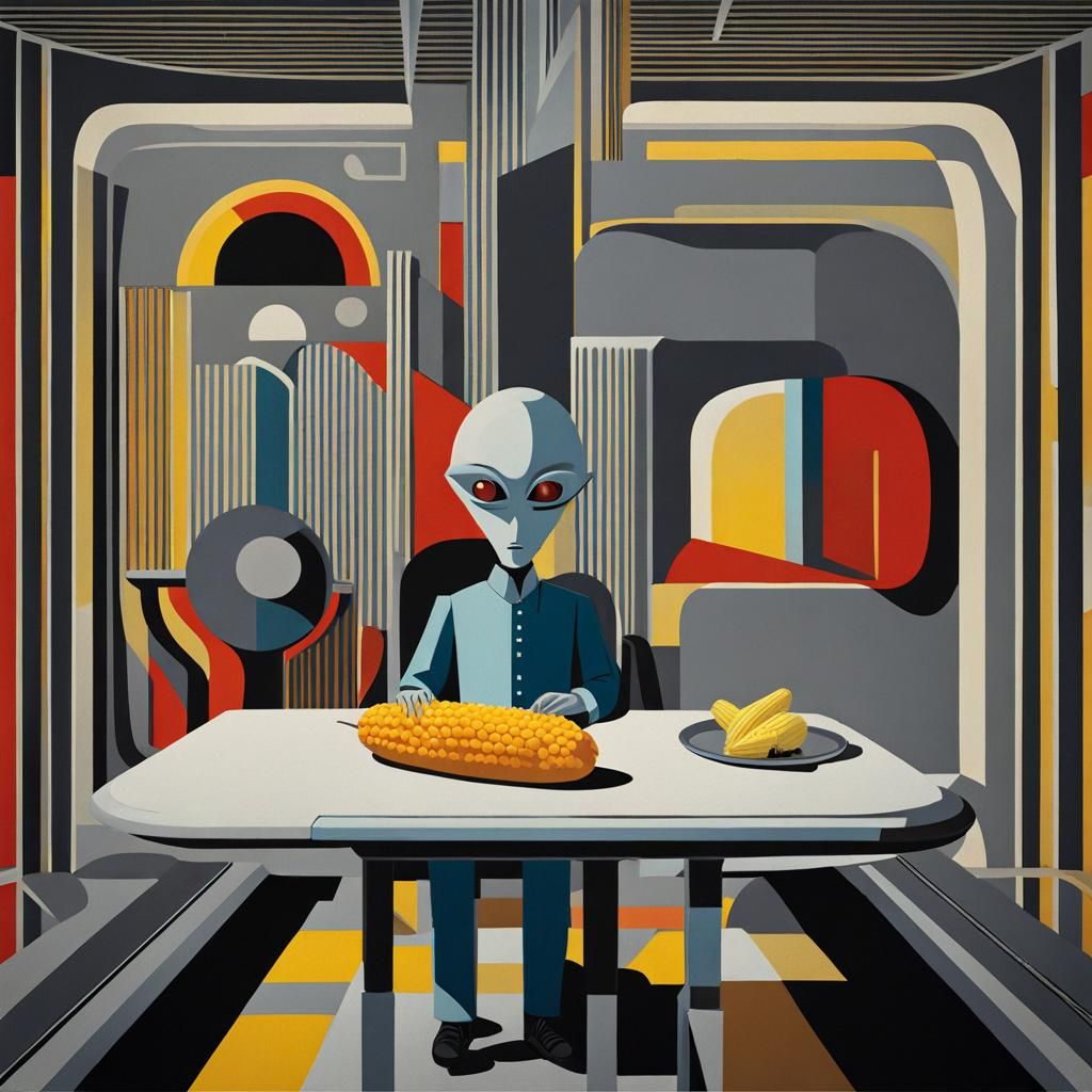 Cubist Alien Offers Corn Dog in Spaceship