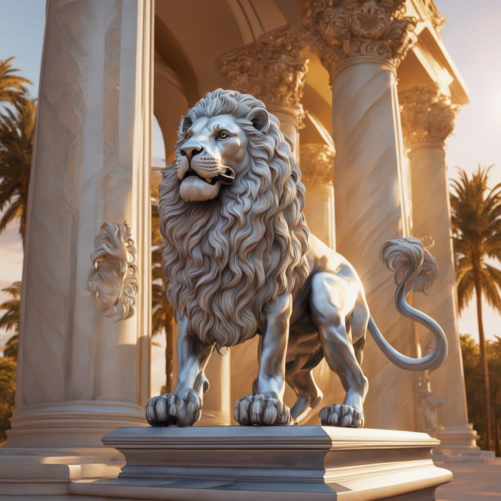 Silver Lion Statue in Baroque Oil Painting