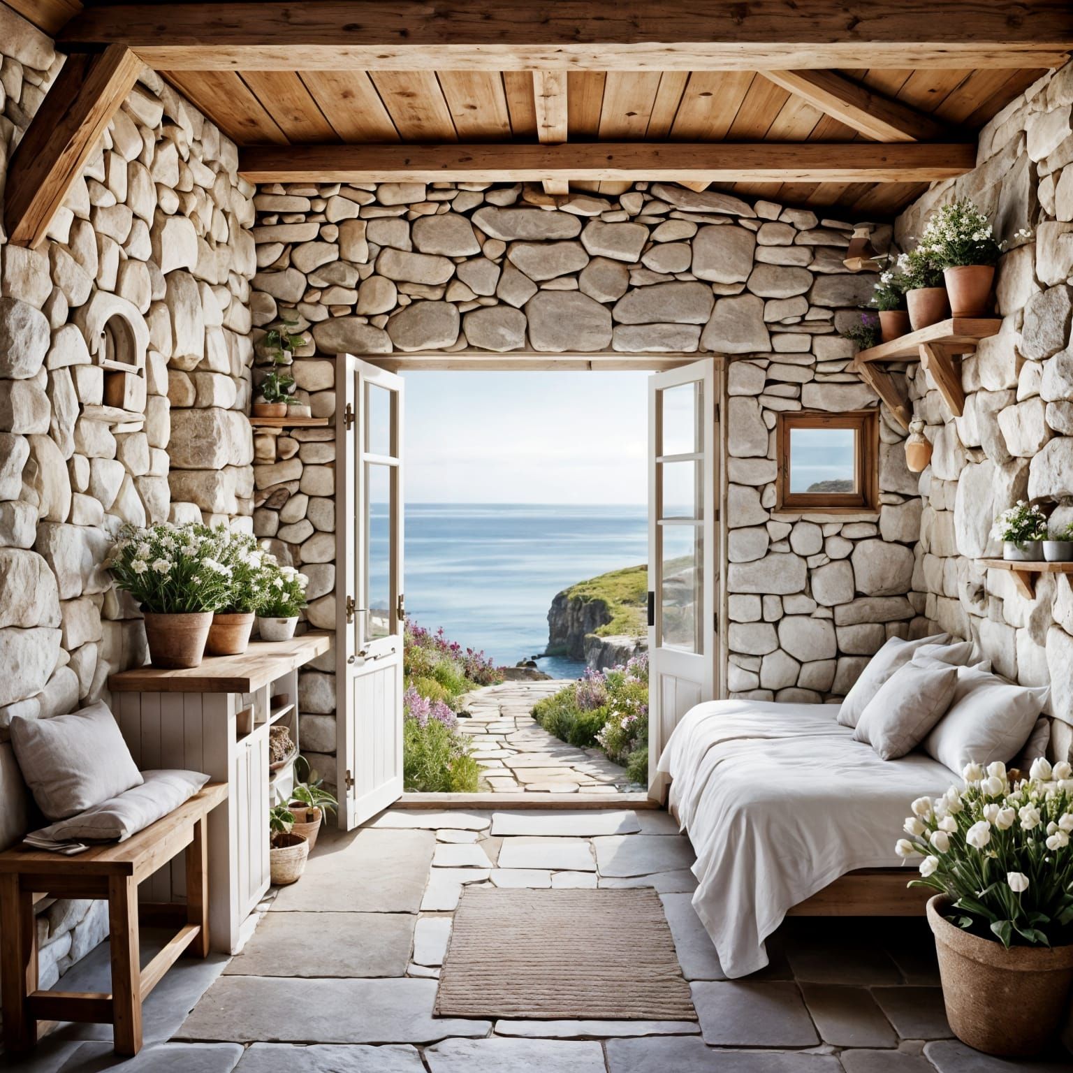 Cozy White Stone Cabin with Sea View, Coastal Theme