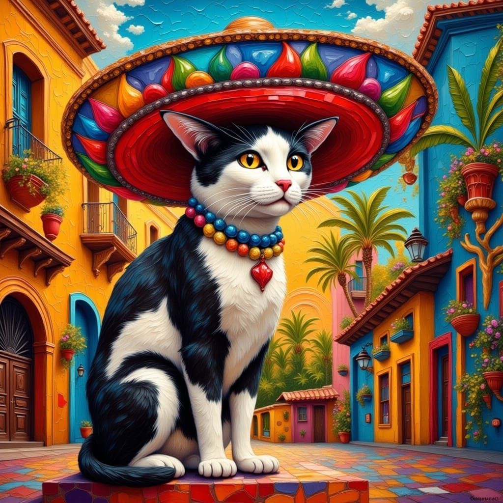 Vibrant Fiesta Cat in Mosaic Street Scene