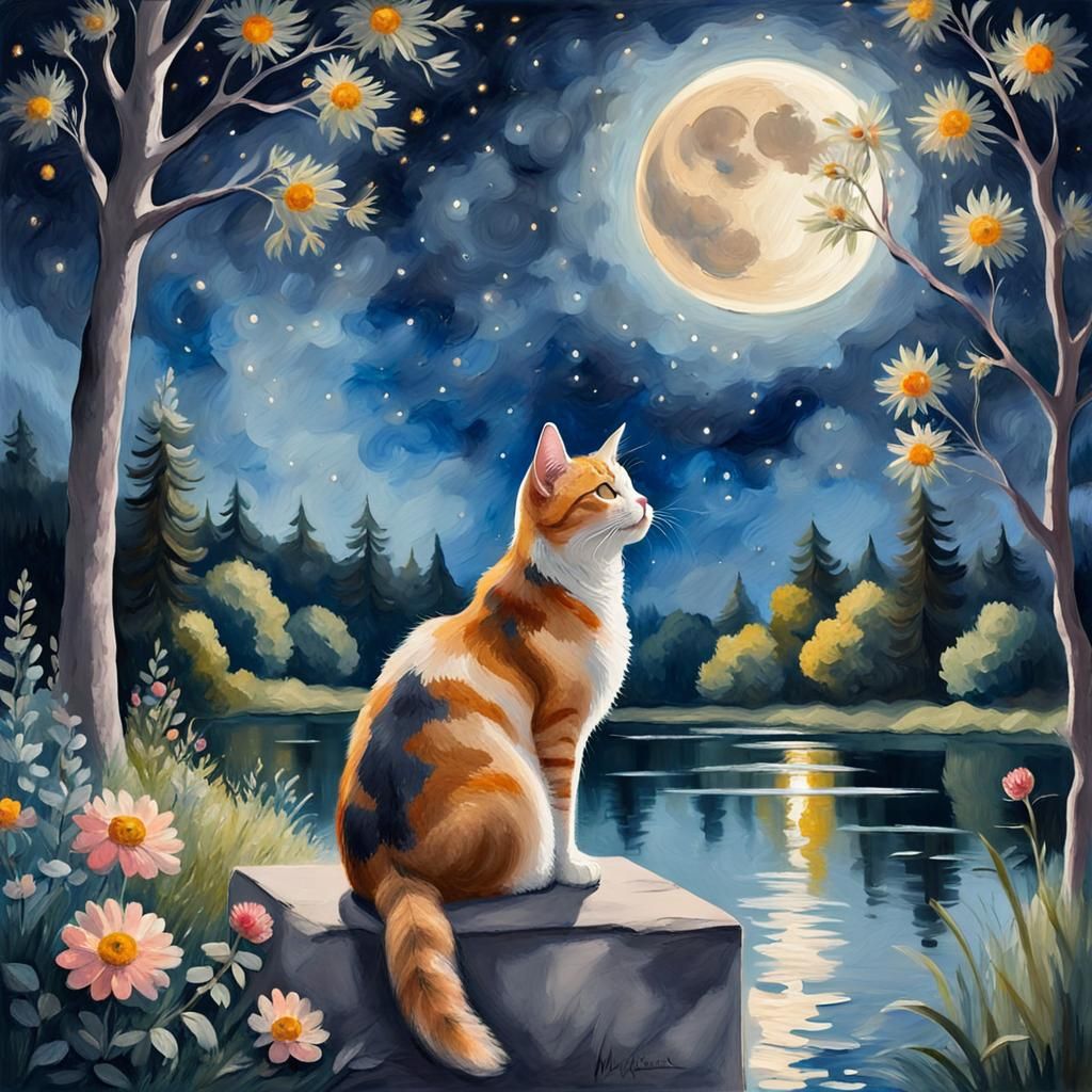 Cat sitting, looking up at the sky