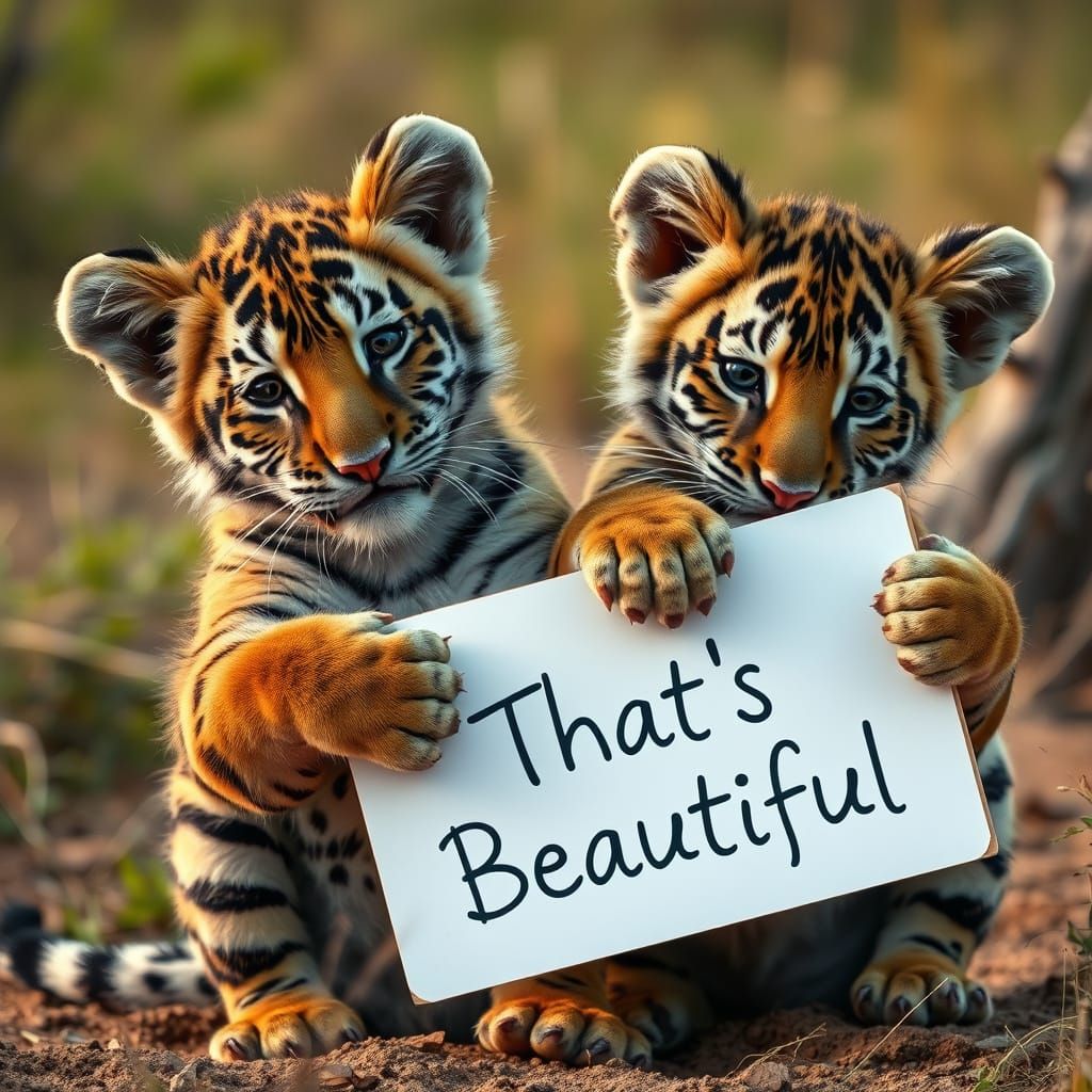 Lion or Tiger Cubs Holding 'That's Beautiful' Sign