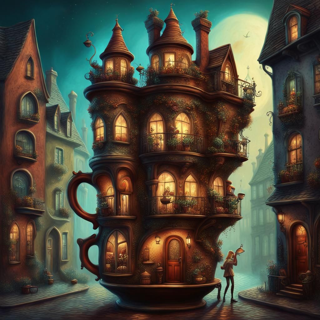 Happy neighbors in a fantasy coffee pot condominium