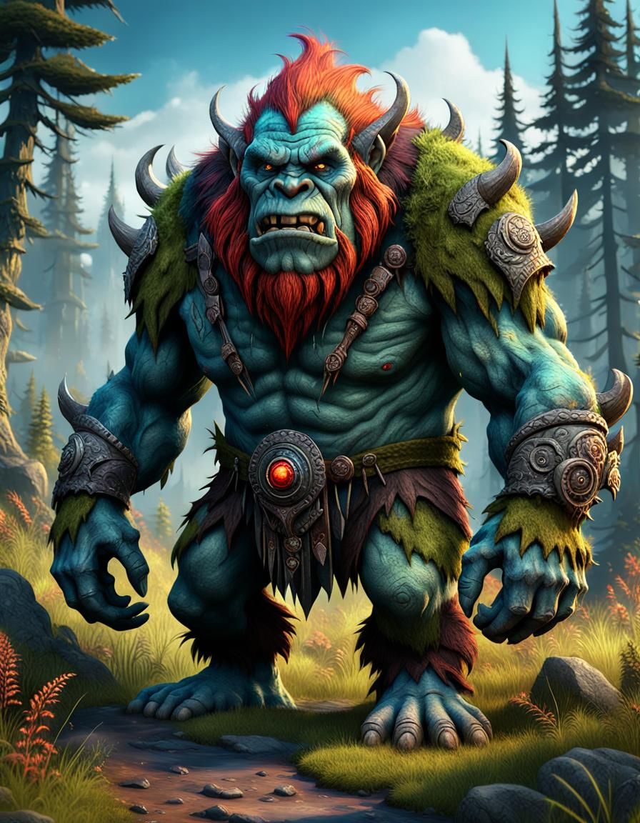 Grumpy Mountain Troll in Evil Forest, Fantasy Art