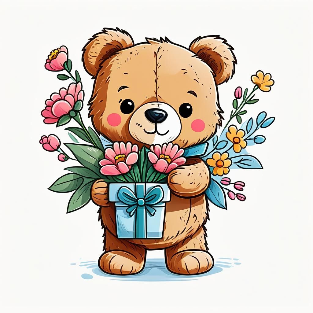 Cartoon Teddy Bear with Gift and Flowers