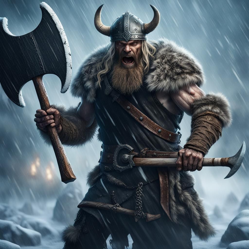 Fearsome Viking Warrior in a Harsh Snowstorm