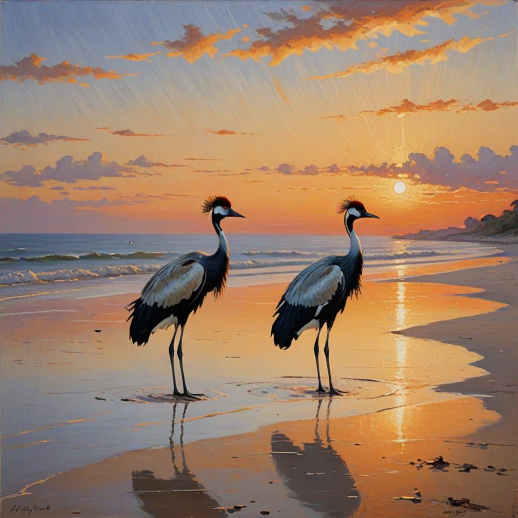 Impressionist Beach Scene with Majestic Birds in Soft Focus