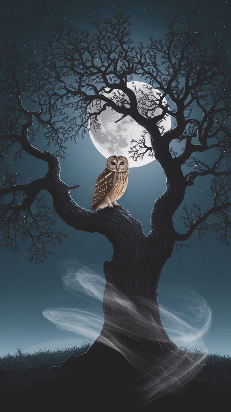 Owl in Majestic Ancient Oak Tree Under Full Moon