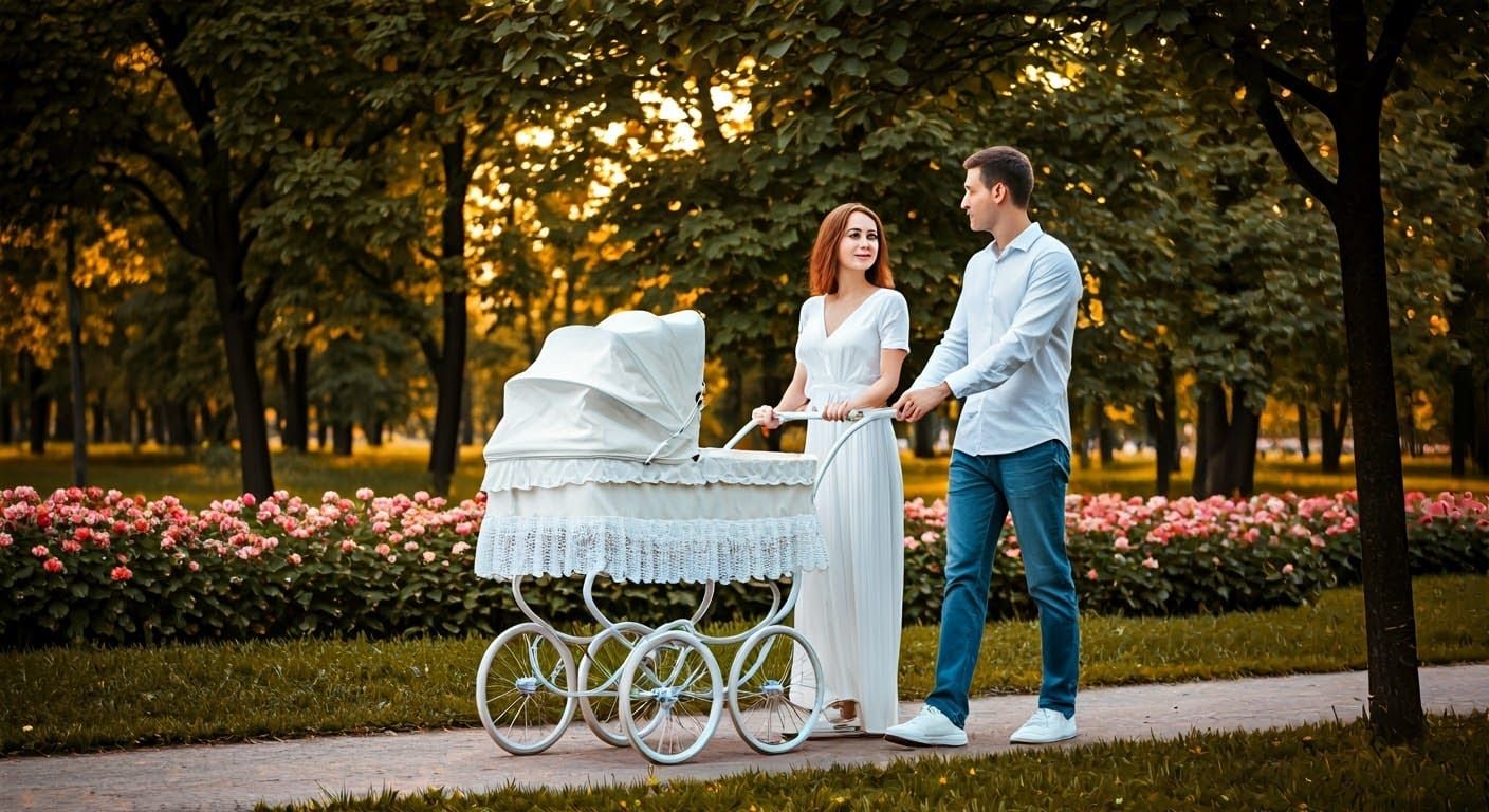 Serene Couple Strolls in the Park with Vintage Baby Carriage