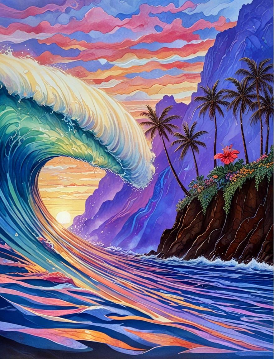 Surreal Wave with Volcanic Mountains and Palm Trees
