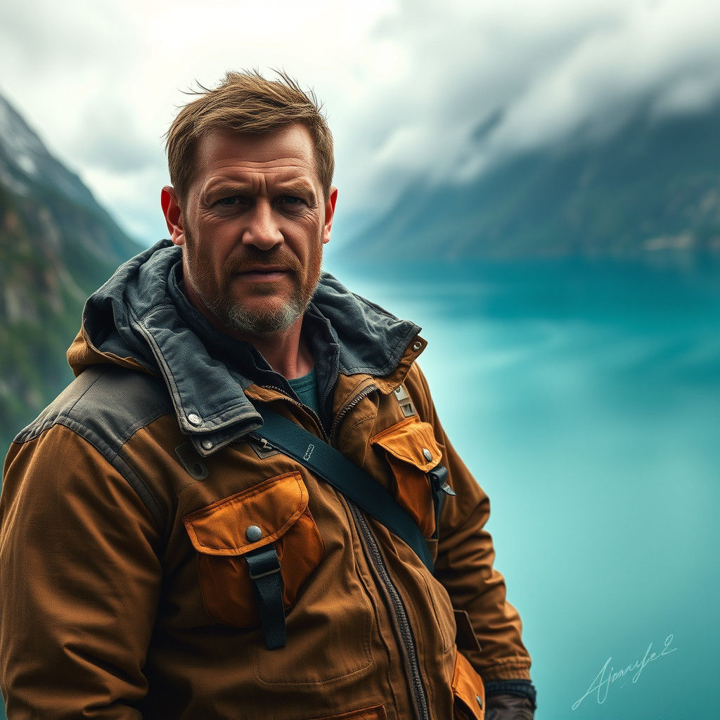 Heroic Fisherman in Alaskan Fjord, Hyper-Realistic Matte Pai...