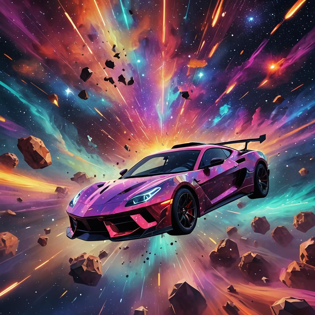 Nebula Sports Car Race in Surrealist Low-Poly Art