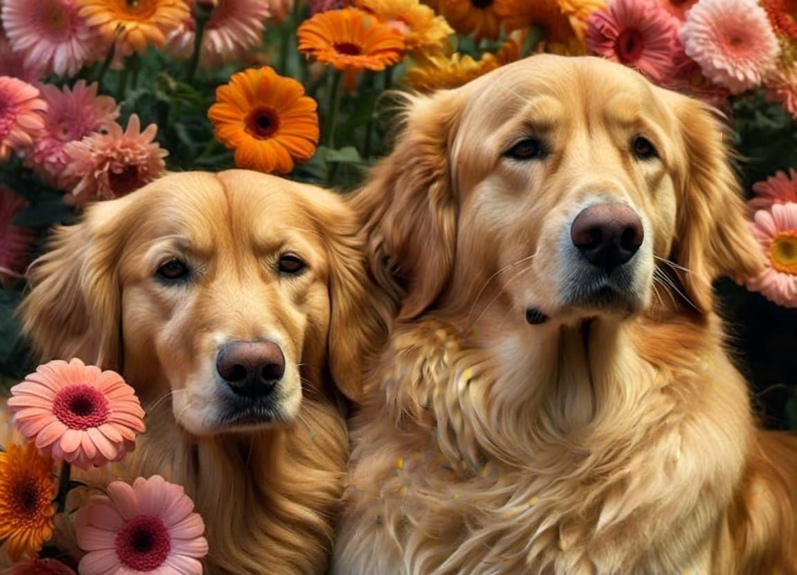 Golden Retrievers in Daisy Field at Sunset