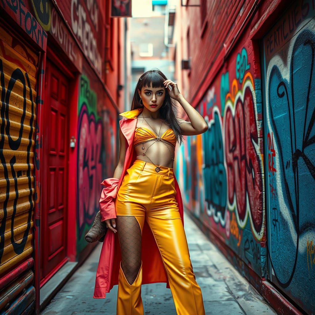 Graffiti Alley High-Fashion Editorial in Matte Painting Styl...
