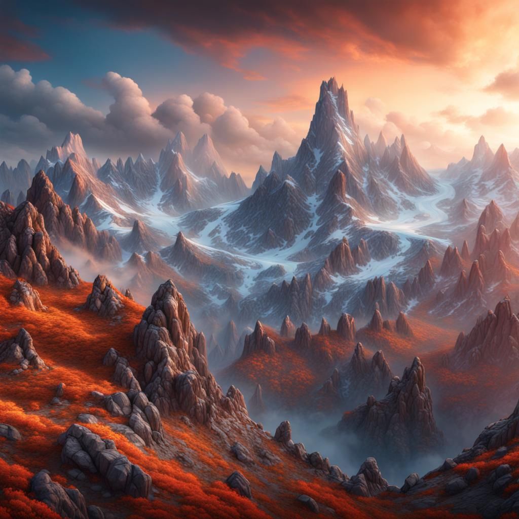 Fiery Alpine Mountains in Hyperdetailed Airbrush Art