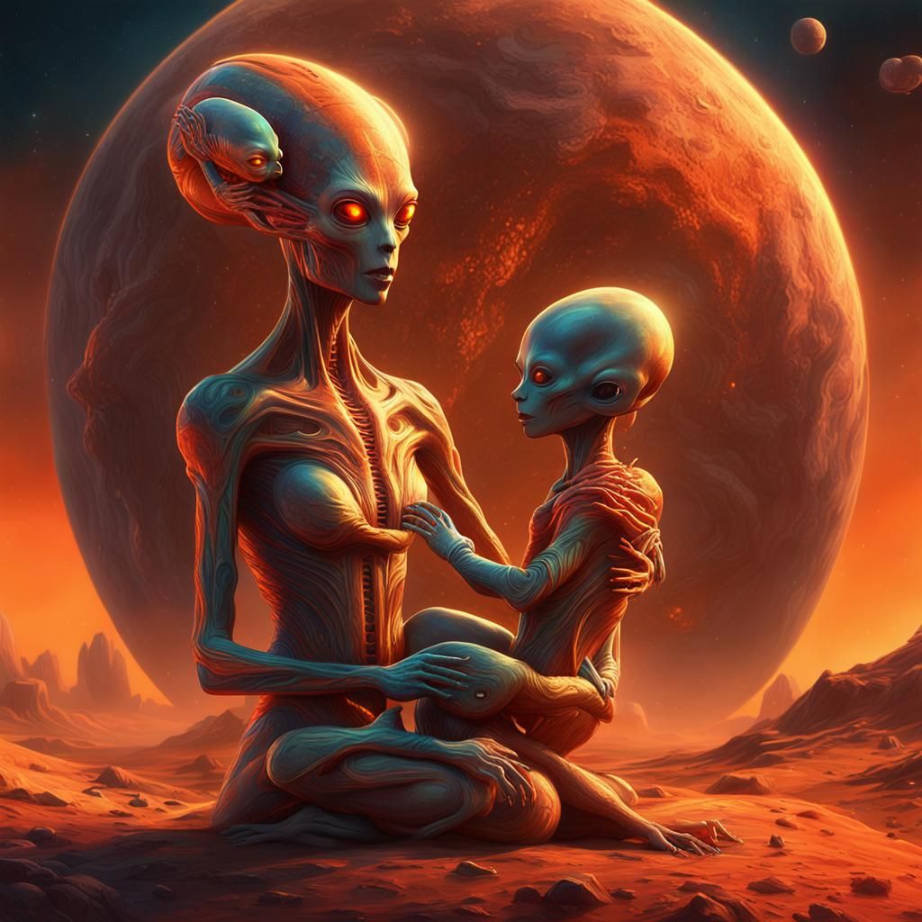 Alien Mother and Child in Surreal Orange Landscape