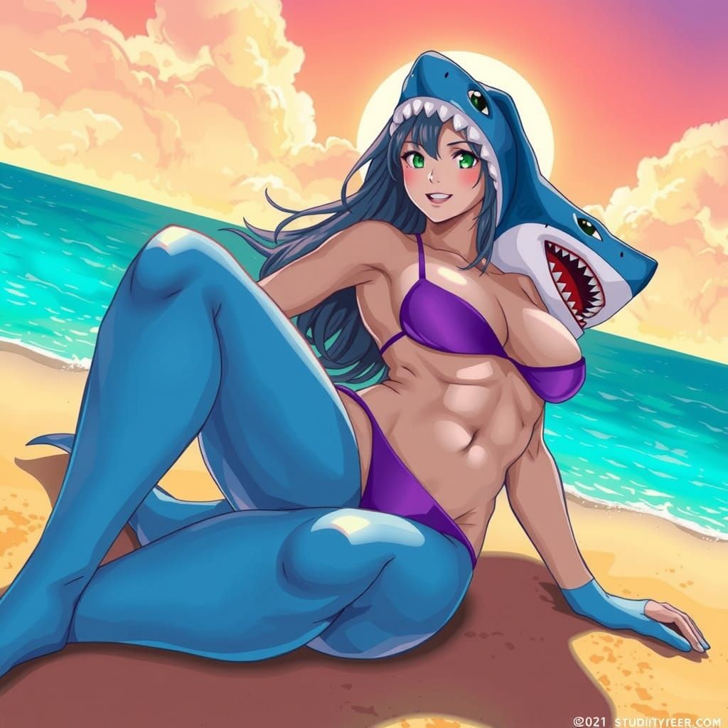 Vibrant Blue Shark-Woman Hybrid in Anime Furry Aesthetic