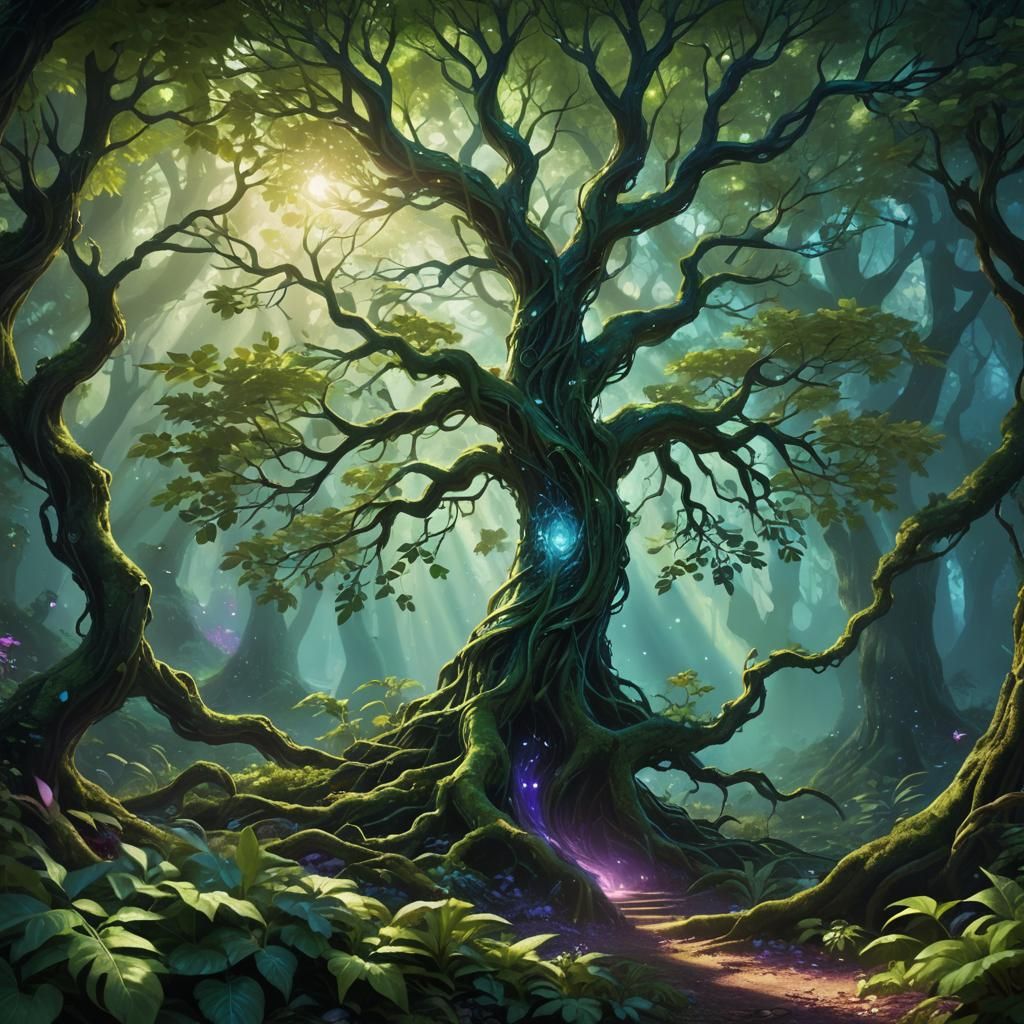 Ethereal Tree of Twisted Branches in Mystical Forest