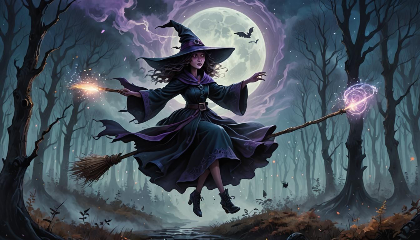 Witch Flying Over Misty Forest in Dark Fantasy Art