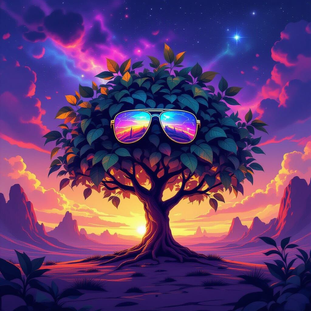 Digital painting. A apple tree with reflective sunglasses, s...