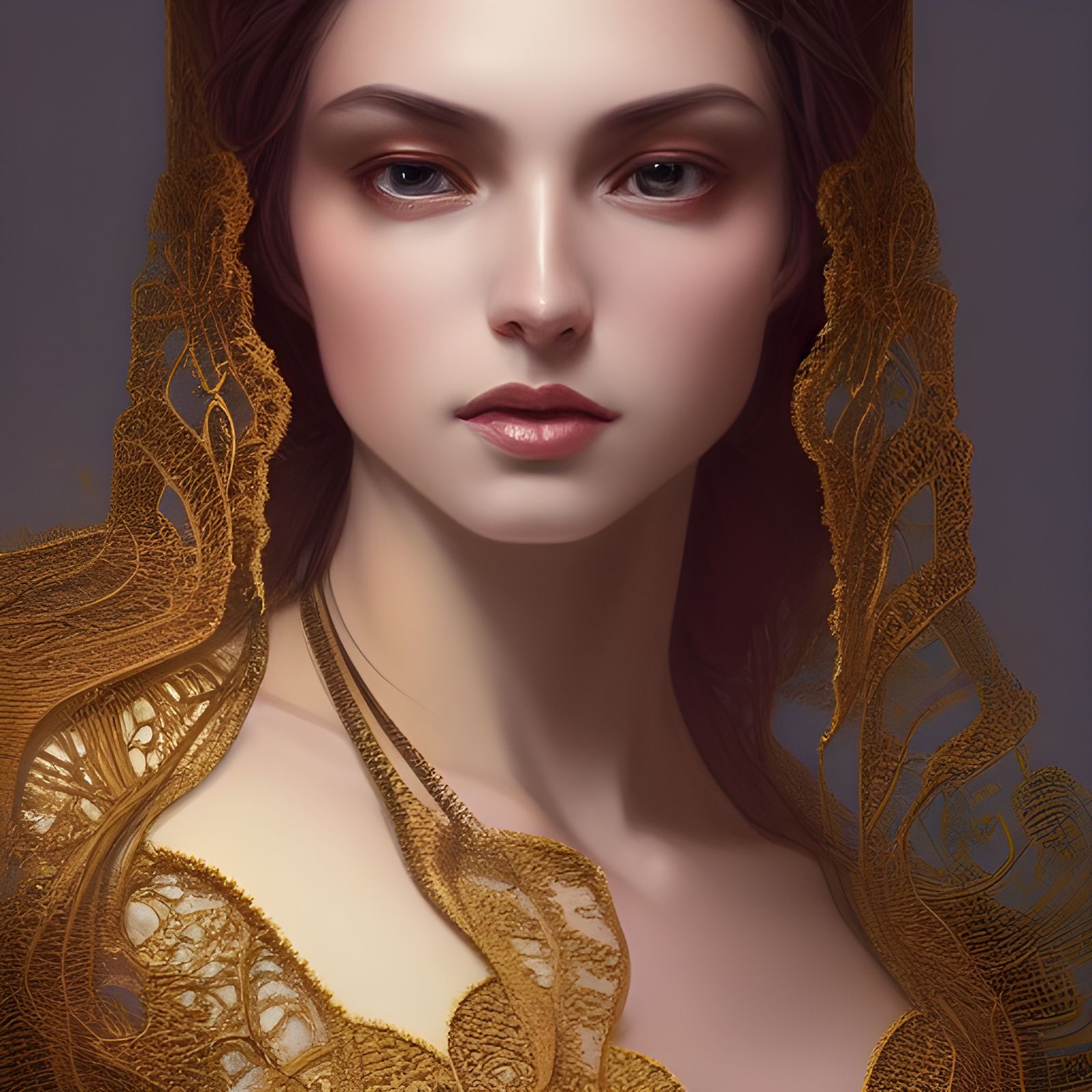 Gold Woman in Lace Cloak, Hyperdetailed Portrait