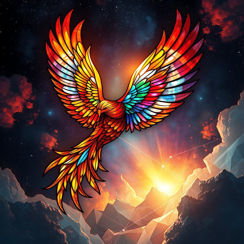 Stained Glass Phoenix Soaring Through Nebula