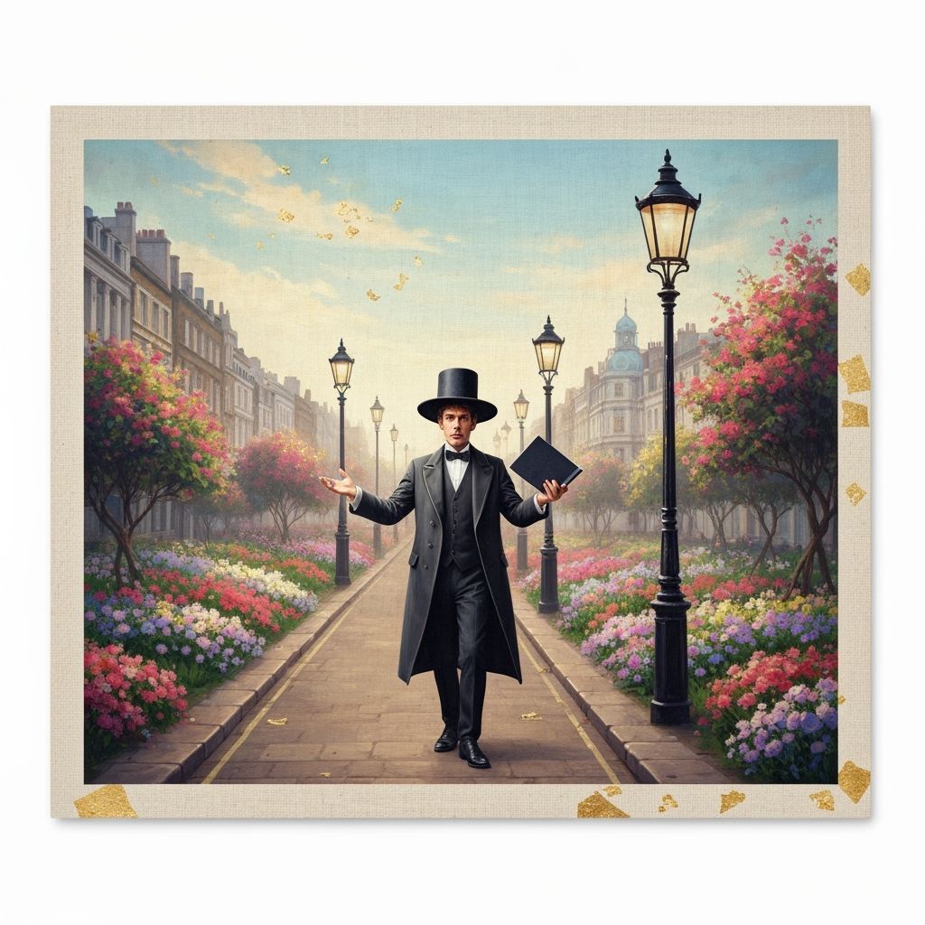 Magician in London Street Scene, Art Nouveau Style