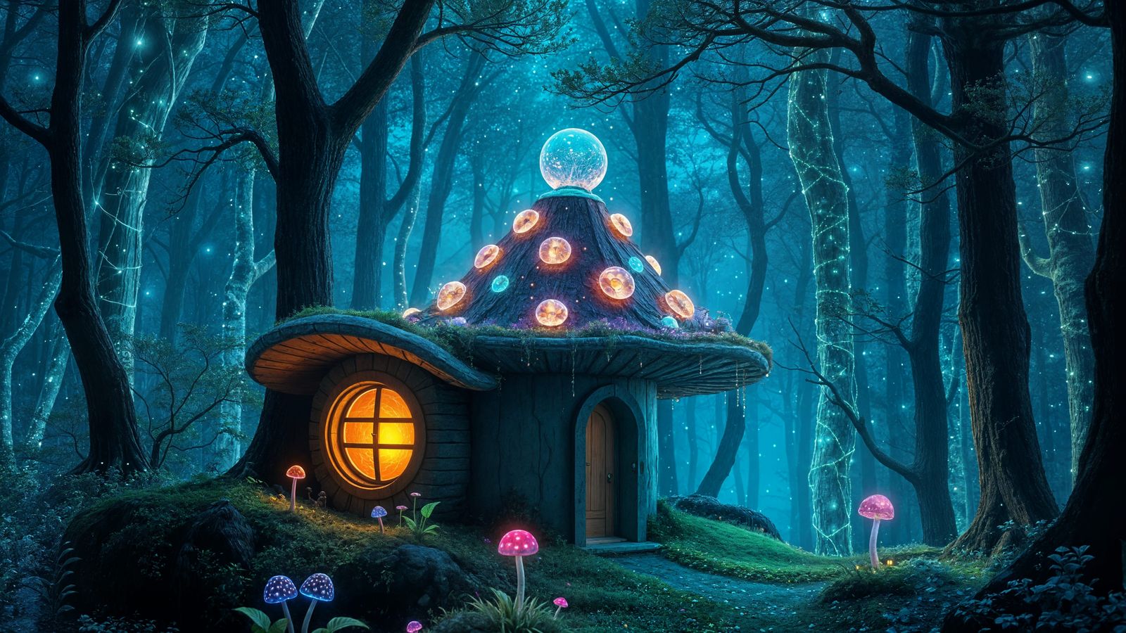 Enchanted Bioluminescent Forest Fairy House in Digital Matte...