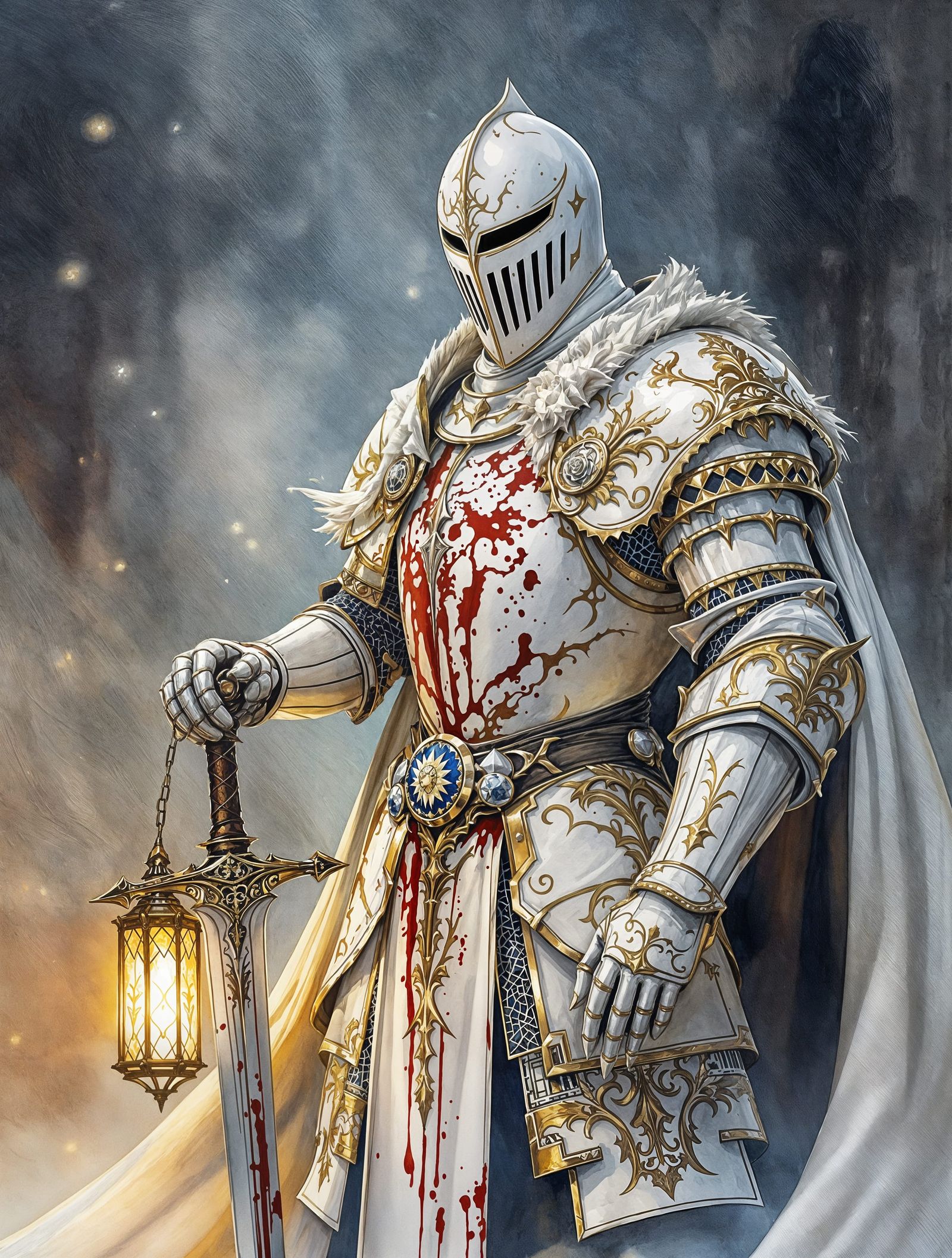 Gothic Knight in Gouache Watercolor Masterpiece