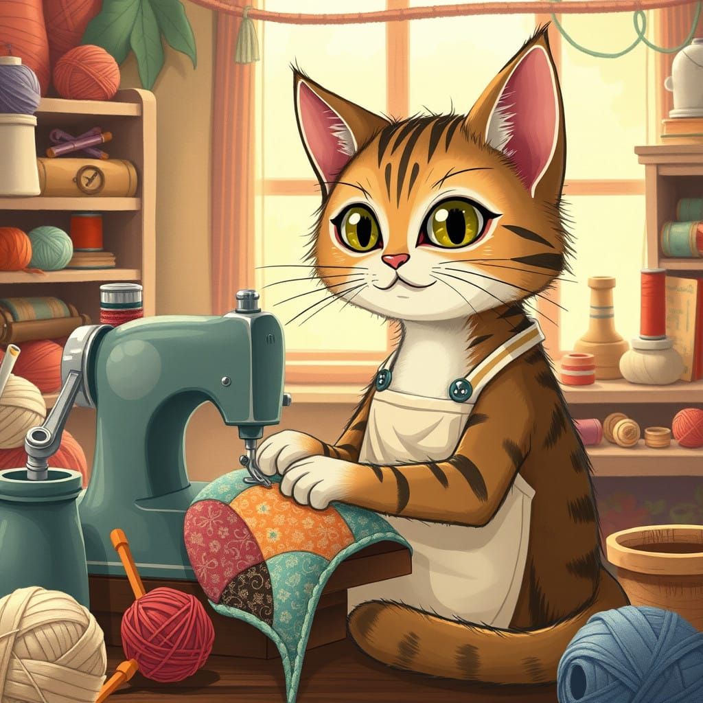 Whimsical Kawaii Cat Sews a Quilt