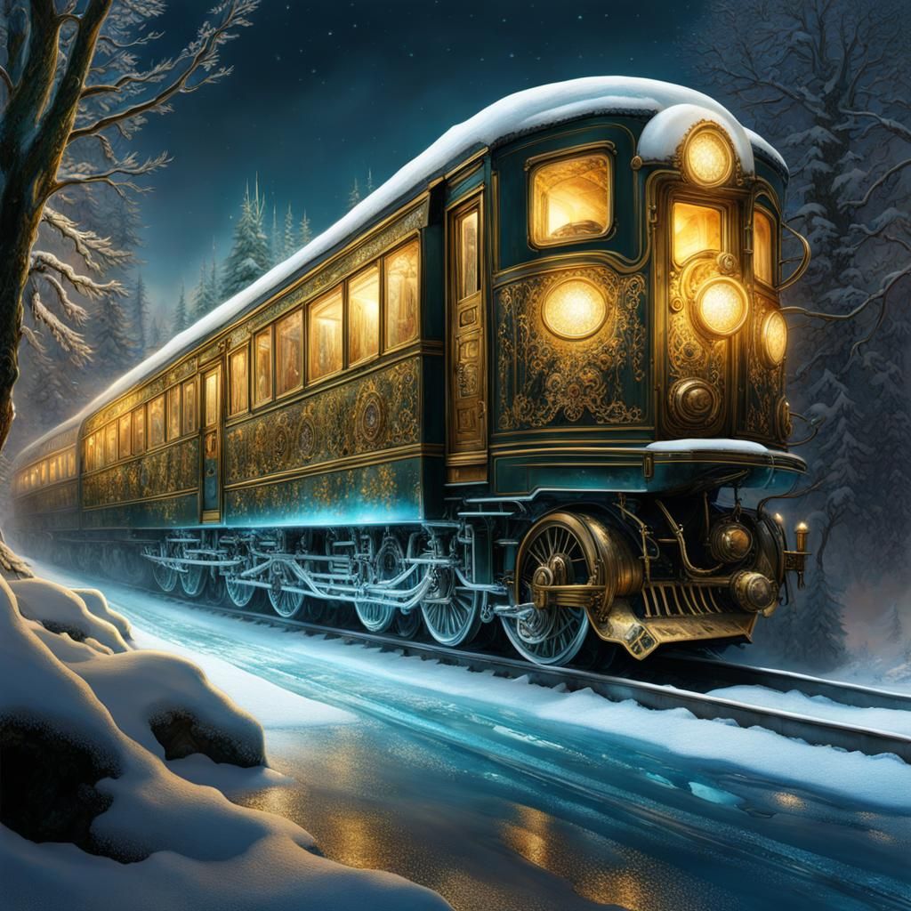 Intricate illuminated ice, snow, a very complicated train sc...